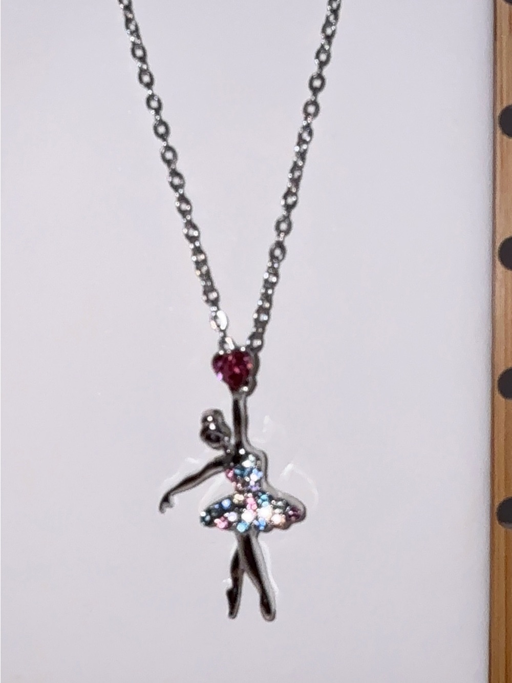 Ballerina Necklace Ballet Dancer Pink Heart Crystal Pendant 16”